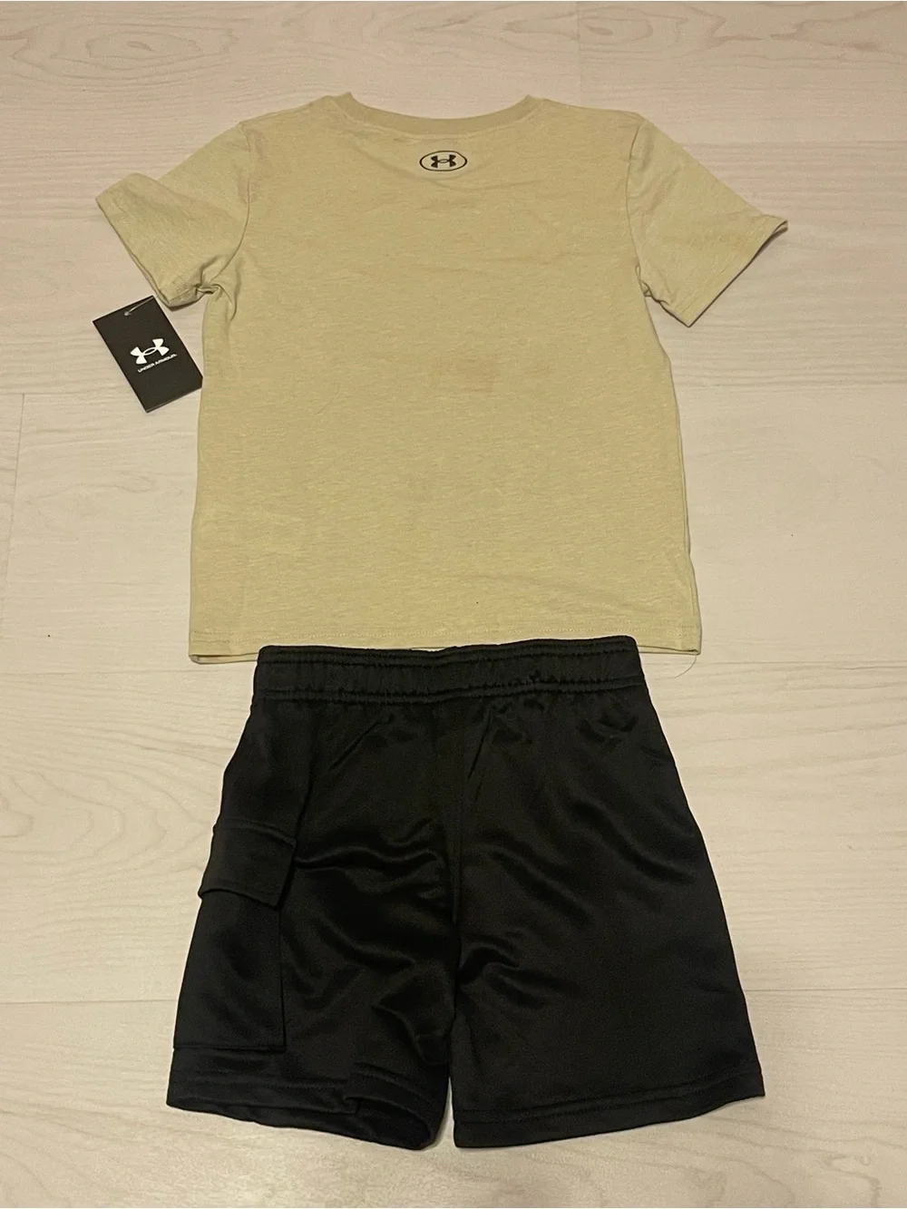 Under Armour Beige Tee with Green Logo and Black Shorts Set